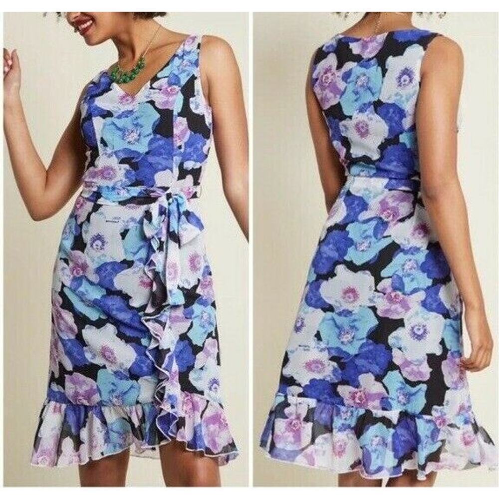 Modcloth Liza Luxe Womens Multicolor Floral Chiffon Ruffles Belted Lined Dress